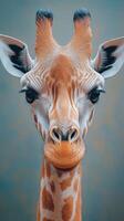 Majestic giraffe portrait showcasing intricate patterns and endearing eyes in a calm studio setting during golden hour photo