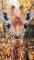 Giraffe close-up in autumn forest showcasing intricate details of its face and distinctive patterns photo