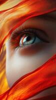 Close-up view of a striking eye partially covered by flowing red fabric in a vivid background photo