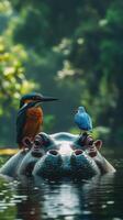Colorful birds perch on a hippo in a serene natural habitat during golden hour photo