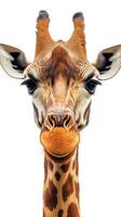 Giraffe gracefully gazing with captivating eyes against a plain background photo