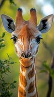 Close-up view of a giraffe in its natural habitat surrounded by greenery photo