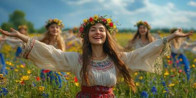 Joyful dancers celebrate in a colorful flower field wearing floral crowns during a sunny afternoon photo