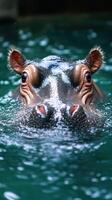 Hippopotamus emerges from water, showcasing its massive head and playful demeanor in a serene aquatic environment photo
