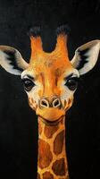 Unique artistic portrayal of a smiling giraffe on a black background showcasing vibrant details and expression photo