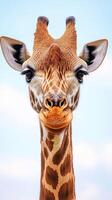 Giraffe stands tall against a blue sky, showcasing its distinctive features and serene expression during the day photo