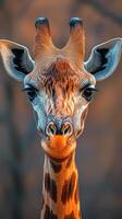 Giraffe gazes directly at the camera in a serene landscape during golden hour photo
