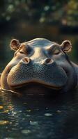 Hippopotamus relaxing in serene water during golden hour at a tranquil riverbank photo