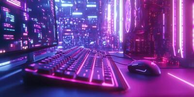 Colorful and vibrant gaming setup featuring modern technology against a futuristic backdrop with neon lights and glowing elements photo
