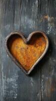 Unique heart-shaped rustic bowl on dark wooden surface showcasing artistic craftsmanship and vintage appeal photo