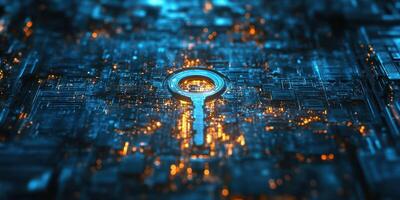 Exploring the intricate design of a digital key set against a vibrant circuit board background photo