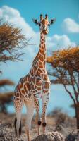 Striking giraffe standing gracefully in a savanna landscape under a bright blue sky with fluffy clouds photo