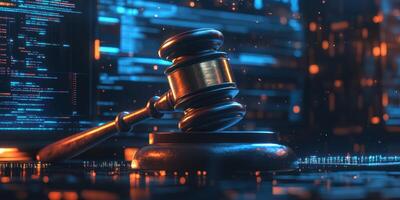 Legal gavel resting on a digital interface surrounded by glowing data streams in a modern courtroom setting photo