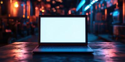 Laptop on a table in a dark, industrial setting with colorful LED lights illuminating the background at night photo