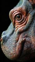 Detailed close-up of a reptilian creature exhibiting textured skin and a striking eye against a dark background photo