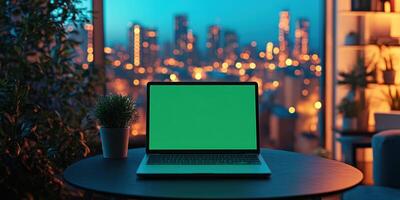 Cozy workspace with laptop and city skyline view during twilight hours photo