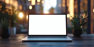 Modern workspace in urban setting featuring a blank laptop and green plants at sunset photo