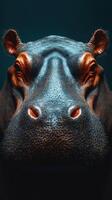 Close-up view of a hippo showing intricate details of its skin and facial features in a dark, atmospheric setting photo