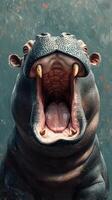 Large hippopotamus yawning wide with prominent teeth displayed against textured background photo
