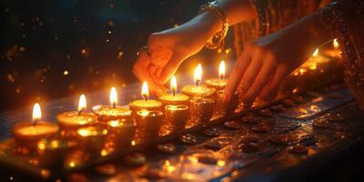 Hands lighting oil lamps in a serene setting during a twilight celebration with flickering flames and warm ambiance photo
