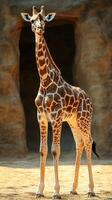 Giraffe stands gracefully in natural habitat with rocky background during daylight photo