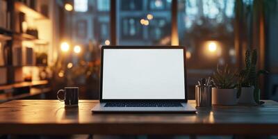 Remote workspace with a modern laptop and a cozy atmosphere in a stylish interior during the evening hours photo