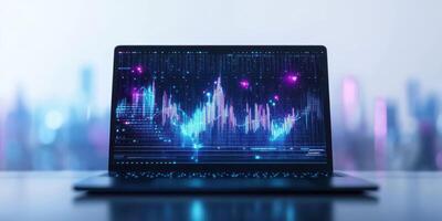 Digital data visualization displayed on a laptop screen with colorful graphs and city skyline in the background during evening hours photo