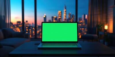 Laptop with green screen displayed against a city skyline during twilight hours near a cozy living room photo