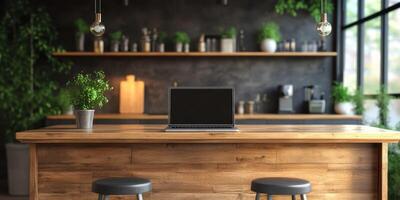 Modern workspace with laptop on wooden table in stylish indoor garden setting photo
