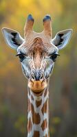 Majestic giraffe with striking pattern and expressive eyes in a natural setting during golden hour photo