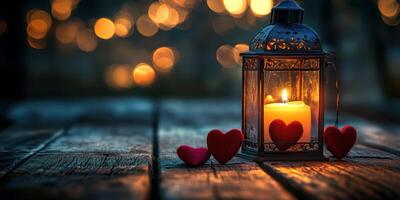 Beautiful lantern illuminating a candle surrounded by hearts on a wooden table during a romantic evening photo