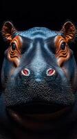 Detailed close-up of a hippo's face showcasing texture and features against a dark background photo