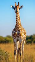 Giraffe stands tall in golden grassland against clear blue sky during vibrant afternoon in savannah photo