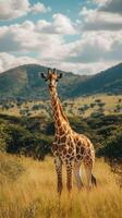 Giraffe standing gracefully in a lush savannah landscape with mountains under a clear blue sky in the afternoon light photo
