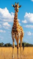 Majestic giraffe stands tall in the savanna under a bright sky with fluffy clouds during the day photo
