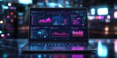 Advanced data analytics displayed on a modern laptop in a vibrant urban setting at night photo