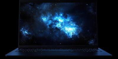 Computer screen displaying a vivid galaxy design with bright blue and white colors on a dark background photo