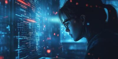 Young woman engaged in data analysis in a futuristic setting with glowing screens at night photo