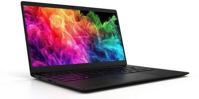 Colorful abstract display on a sleek laptop showcasing vibrant digital artwork and modern design photo
