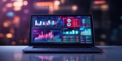 Data analysis interface displayed on a laptop in a modern workspace at night showcasing vibrant graphs and metrics photo