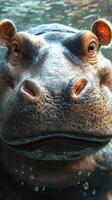 Majestic hippopotamus swimming in clear water showcasing its unique features and expressive eyes during daylight photo