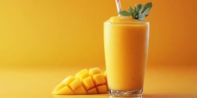 Refreshing mango smoothie served in a glass with fresh mango chunks and mint leaves on a vibrant yellow background photo