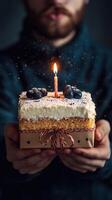 Celebrating a special moment with a beautifully crafted cake adorned with a candle and fresh berries during an intimate gathering photo
