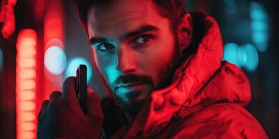 Male model in a colorful urban setting holding a smartphone and posing with a serious expression during nighttime photo