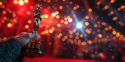 Award ceremony celebration with a golden trophy held against bright bokeh lights at night photo