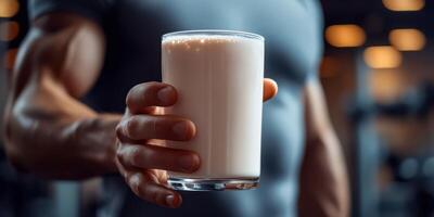 Fitness enthusiast holds a protein shake in a gym setting, showcasing strength and dedication to health photo