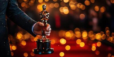 Oscar trophy held by a winner on the red carpet with blurred lights in the background during an awards ceremony celebration photo