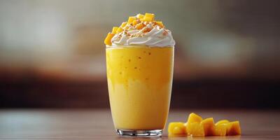 Refreshing mango dessert topped with whipped cream and nuts served in a glass at a cozy setting photo