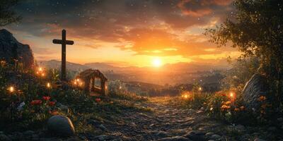 Beautiful sunset over a serene landscape with flowers and a cross in the foreground photo