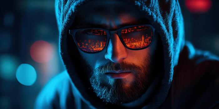experto hacker trabajando tarde a noche en un alta tecnología ciudad ambiente con resplandor de computadora pantallas reflejando en Gafas de sol foto
